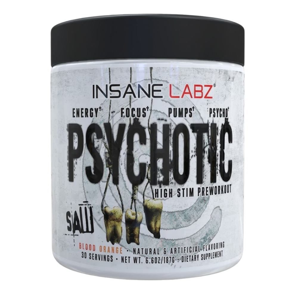 Insane Labz Psychotic supplement container in the blood orange flavor on a white background