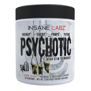 Insane Labz Psychotic supplement container in the blood orange flavor on a white background