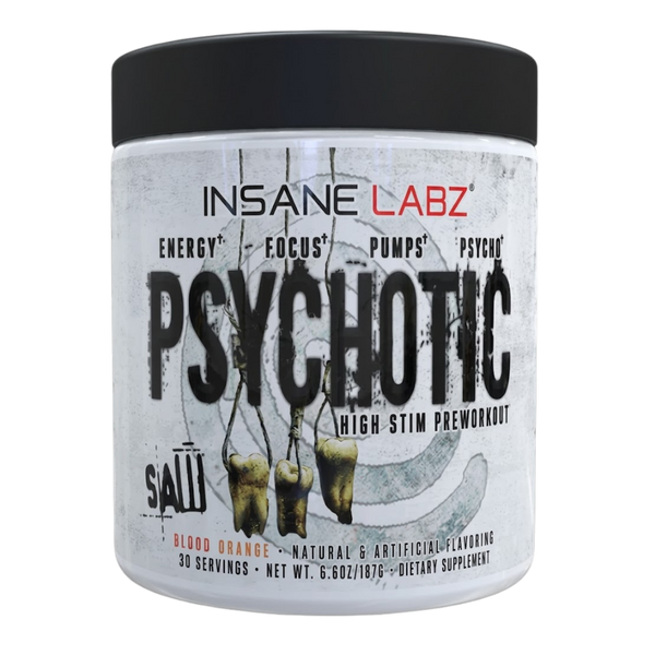 Insane Labz Psychotic supplement container in the blood orange flavor on a white background