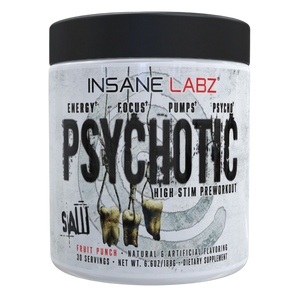 Insane Labz Psychotic high stim preworkout supplement container in the fruit punch flavor on a white background