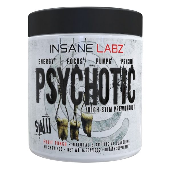 Insane Labz Psychotic high stim preworkout supplement container in the fruit punch flavor on a white background