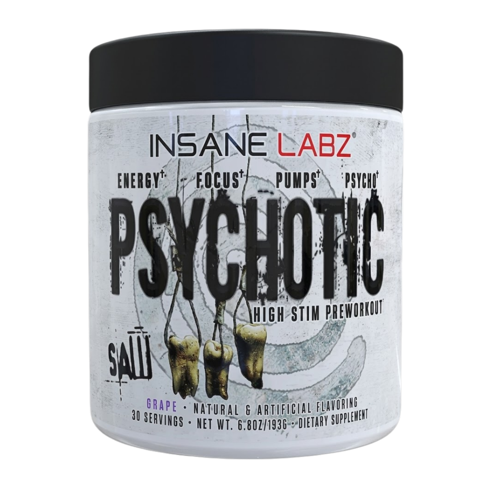 Insane Labz Psychotic supplement container in the blood orange flavor on a white background