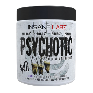 Insane Labz Psychotic preworkout supplement container in the grape flavor on a white background