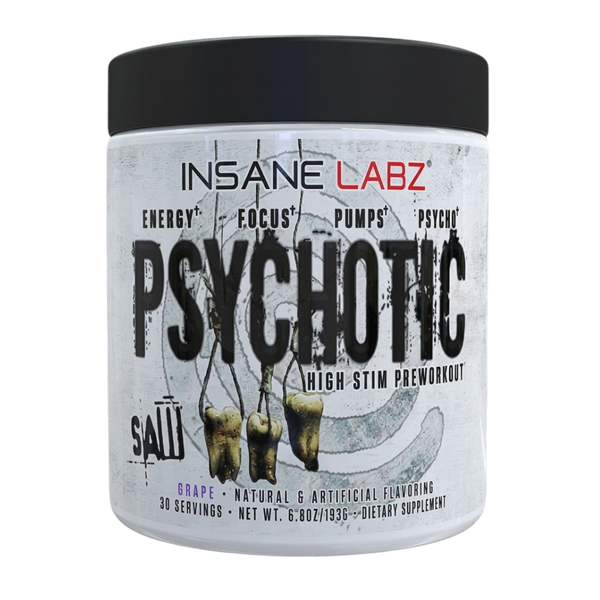 Insane Labz Psychotic preworkout supplement container in the grape flavor on a white background