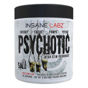Insane Labz Psychotic high stim preworkout supplement container in the watermelon flavor on a white background