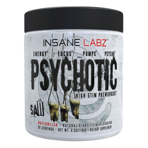 Insane Labz Psychotic high stim preworkout supplement container in the watermelon flavor on a white background