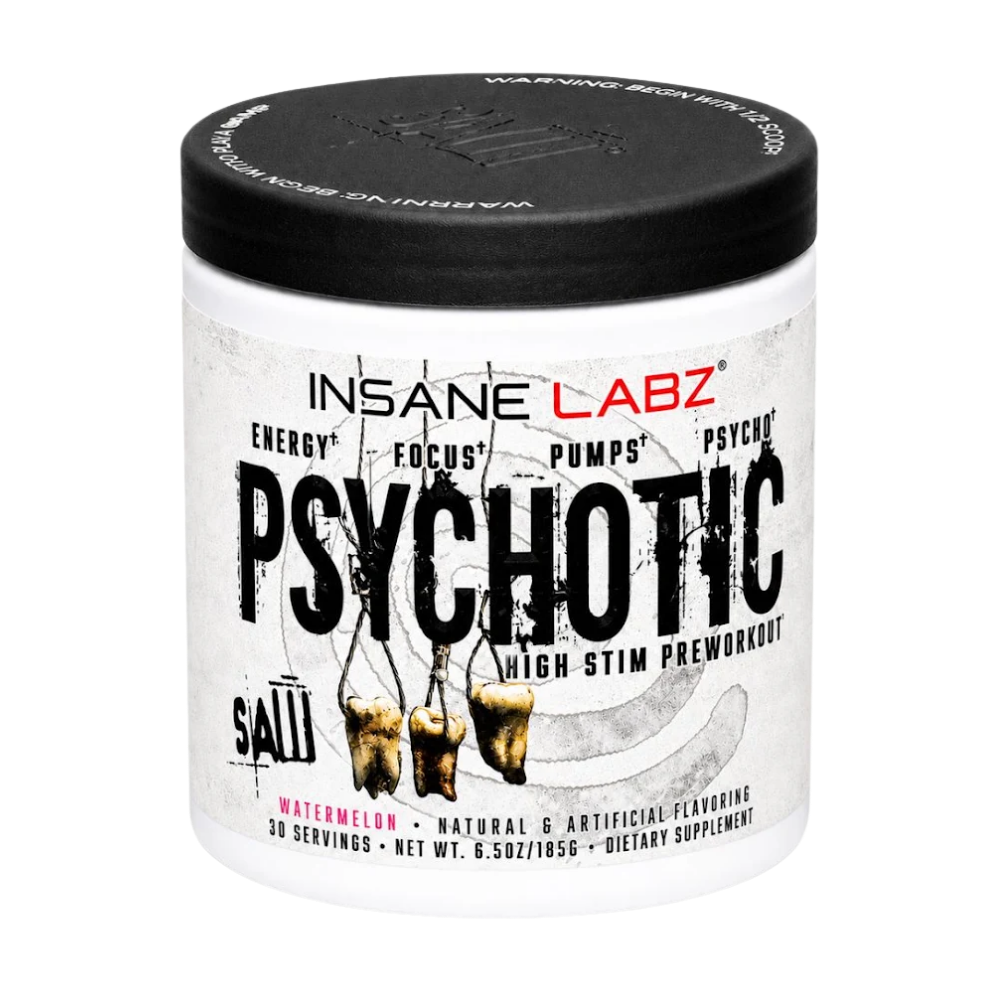 Insane Labz Psychotic Salts High Stim Preworkout in a white plastic tub with a black lid, featuring a label with a distressed gray background and black text.
