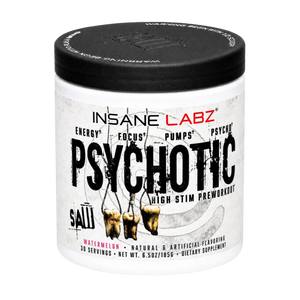 Insane Labz Psychotic Salts High Stim Preworkout in a white plastic tub with a black lid, featuring a label with a distressed gray background and black text.