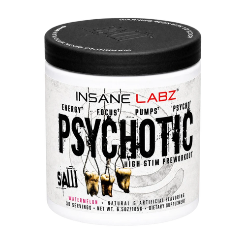 Insane Labz Psychotic Salts High Stim Preworkout in a white plastic tub with a black lid, featuring a label with a distressed gray background and black text.