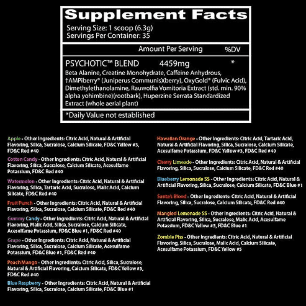 Insane Labz Psychotic 35 Servings Tub in the strawberry lemonade flavor on a white background
