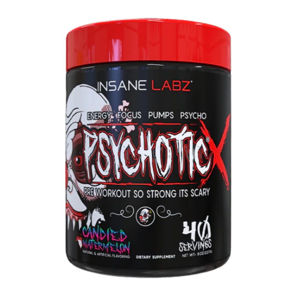 Insane Labz Psychotic X supplement container in the candied watermelon flavor with red lid on a white background