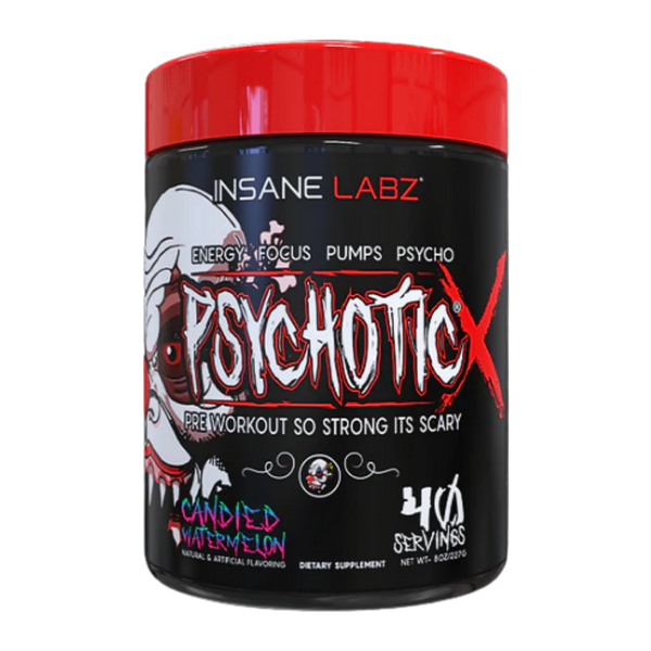 Insane Labz Psychotic X supplement container in the candied watermelon flavor with red lid on a white background