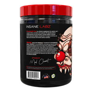 A black plastic tub of INSANE LABZ protein powder with a bright red lid, showing the directions for use and warnings on a clean white background.