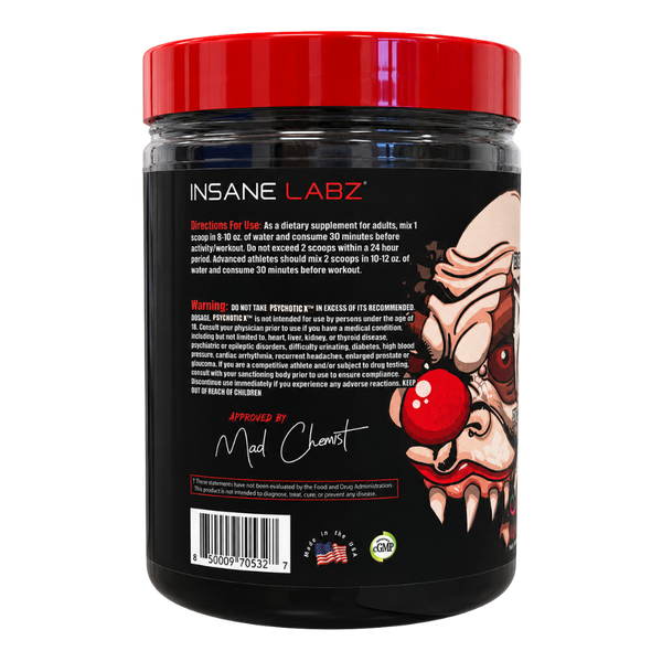 A black plastic tub of INSANE LABZ protein powder with a bright red lid, showing the directions for use and warnings on a clean white background.