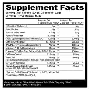 Supplement facts label with various ingredients and their amounts per serving for insane labz psychotic x.