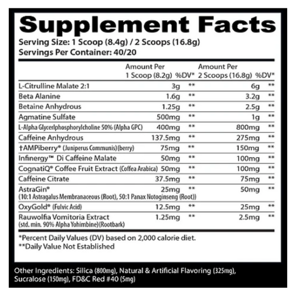 Supplement facts label with various ingredients and their amounts per serving for insane labz psychotic x.