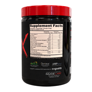 A black plastic tub of INSANE LABZ protein powder with a bright red lid, showing the Supplement Facts label on a clean white background.