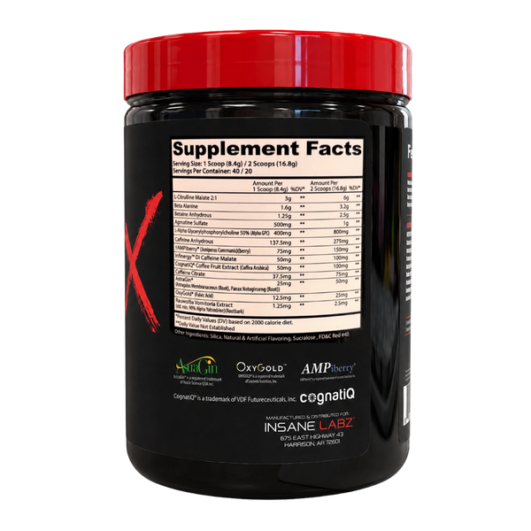 A black plastic tub of INSANE LABZ protein powder with a bright red lid, showing the Supplement Facts label on a clean white background.
