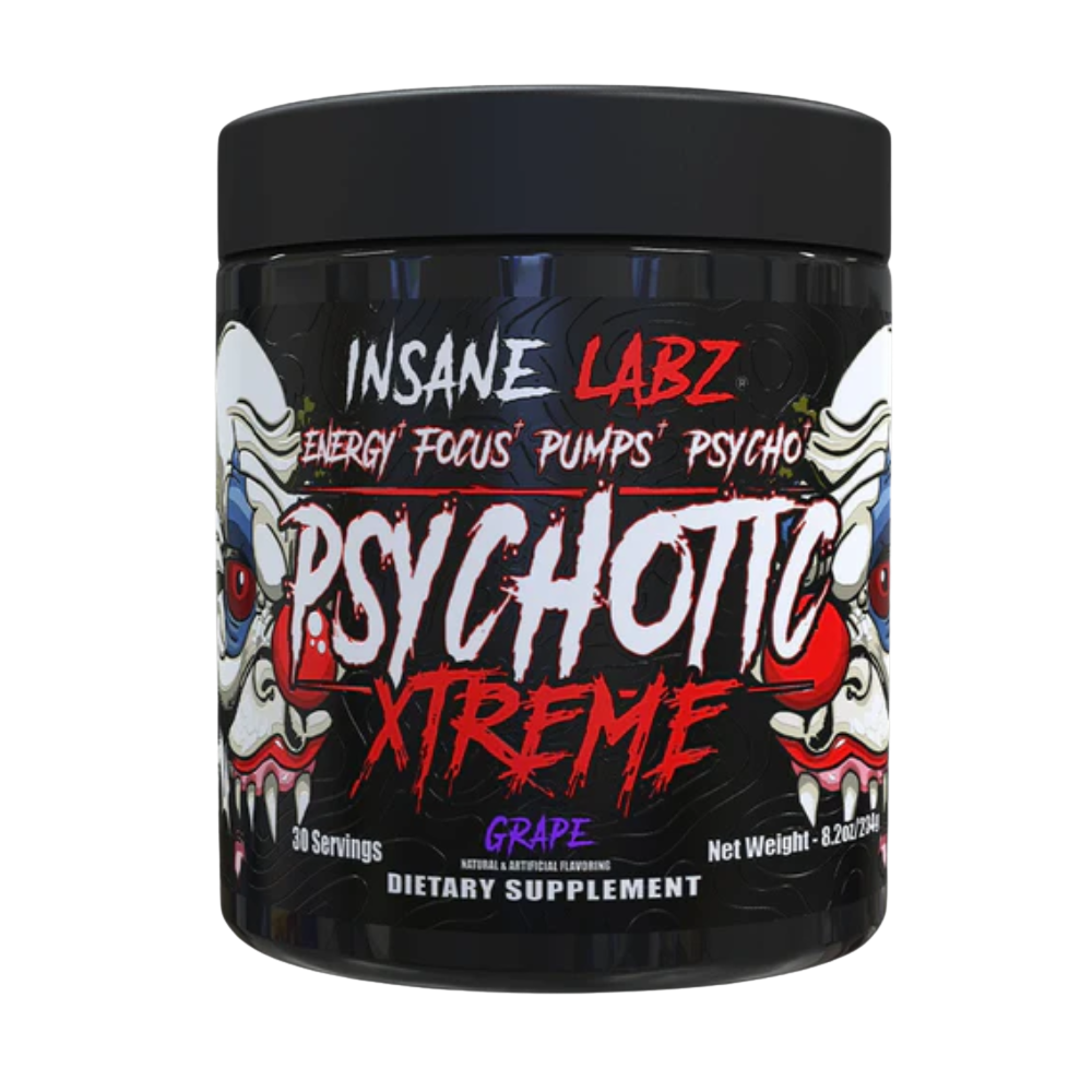 Supplement container labeled 'Psychotic Xtreme' by Insane Labz in the grape flavor on a white background