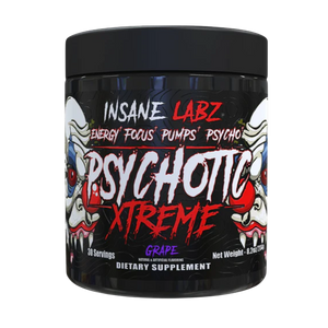 Supplement container labeled 'Psychotic Xtreme' by Insane Labz in the grape flavor on a white background