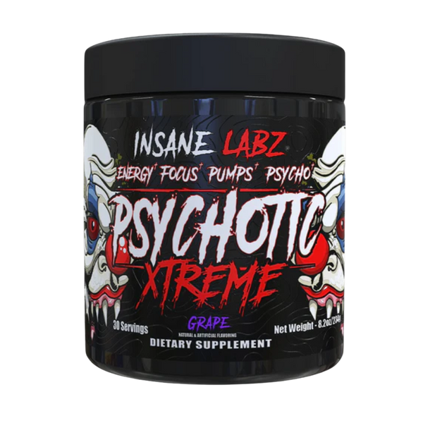 Supplement container labeled 'Psychotic Xtreme' by Insane Labz in the grape flavor on a white background