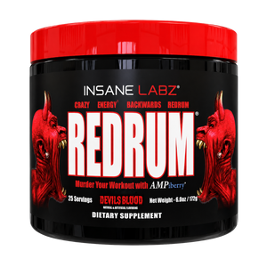 A black plastic tub of Insane Labz Redrum dietary supplement with a bright red lid and a black label featuring red devil illustrations and bold white text.