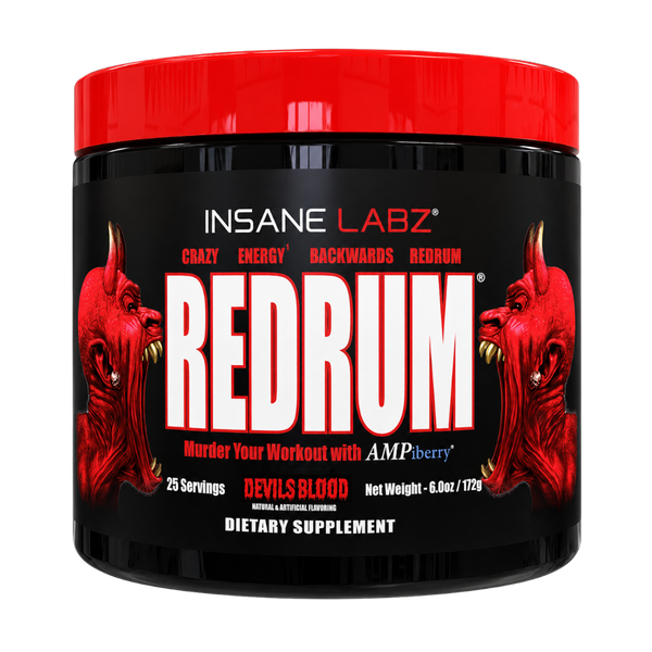 A black plastic tub of Insane Labz Redrum dietary supplement with a bright red lid and a black label featuring red devil illustrations and bold white text.