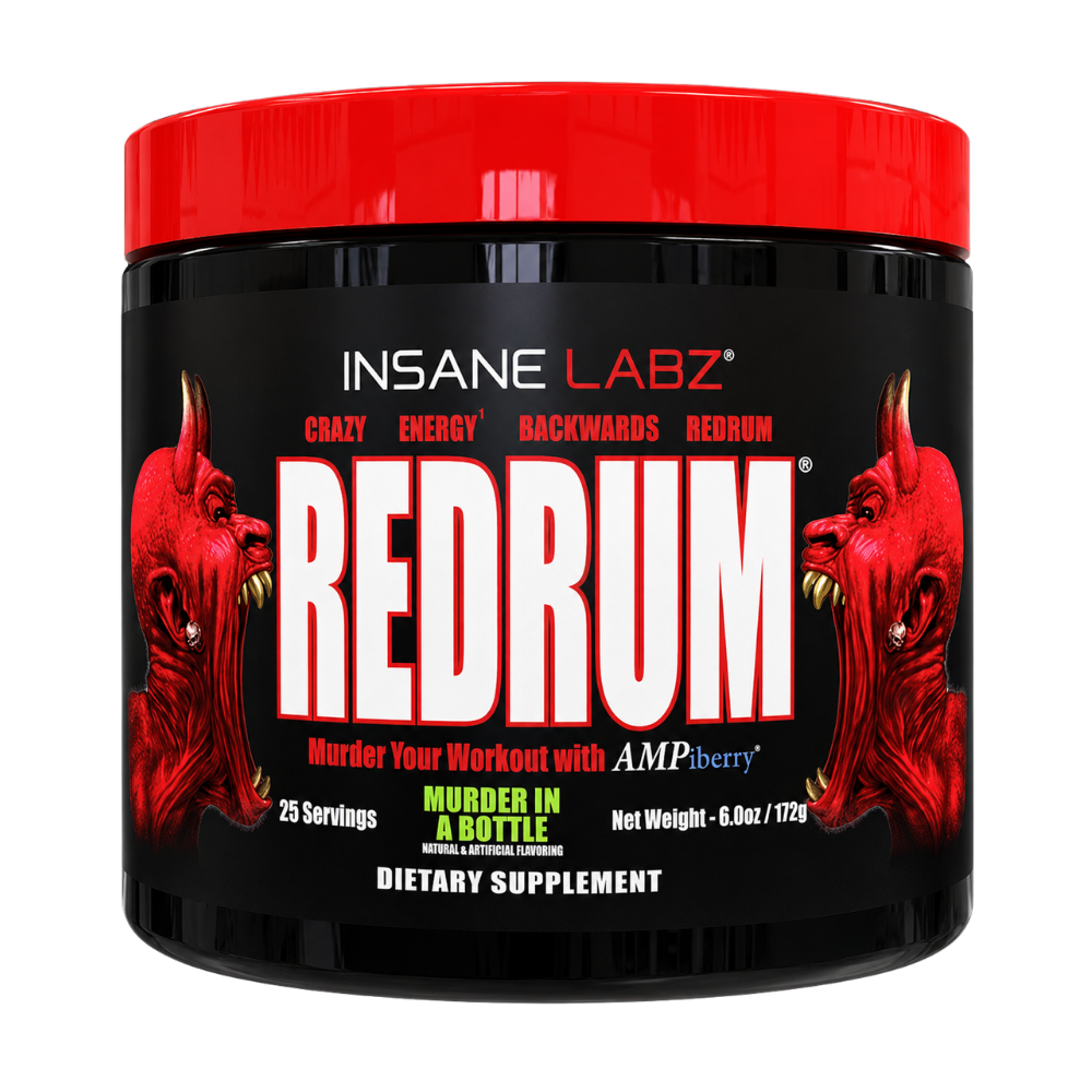 A black plastic tub of Insane Labz Redrum dietary supplement with a bright red lid and a black label featuring red devil illustrations and bold white text.