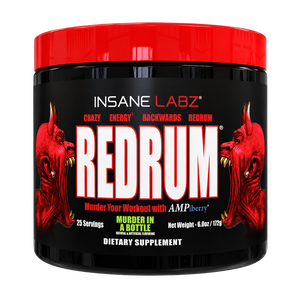 A black plastic tub of Insane Labz Redrum dietary supplement with a bright red lid and a black label featuring red devil illustrations and bold white text.