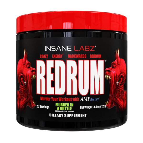 A black plastic tub of Insane Labz Redrum dietary supplement with a bright red lid and a black label featuring red devil illustrations and bold white text.