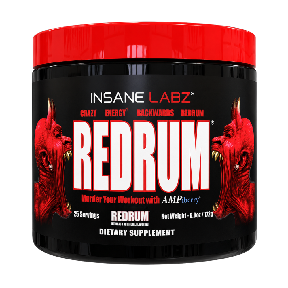 A black plastic tub of Insane Labz Redrum dietary supplement with a bright red lid and a black label featuring red devil illustrations and bold white text.