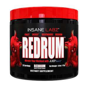 A black plastic tub of Insane Labz Redrum dietary supplement with a bright red lid and a black label featuring red devil illustrations and bold white text.