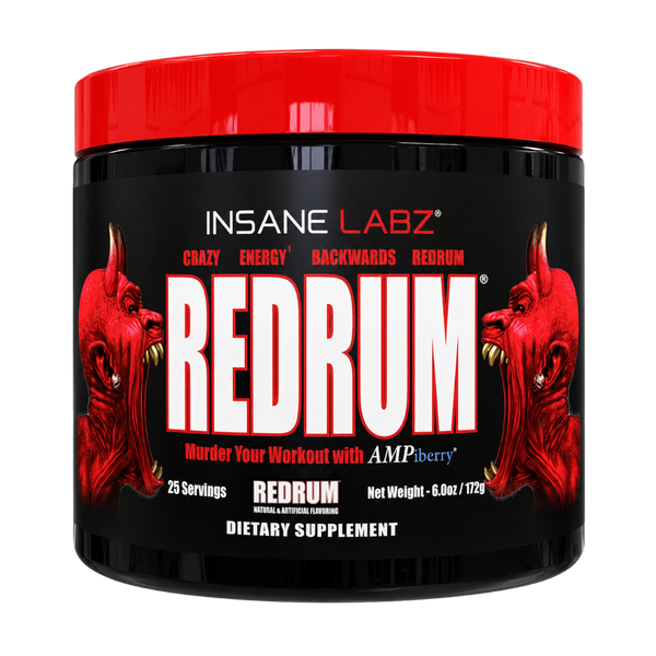 A black plastic tub of Insane Labz Redrum dietary supplement with a bright red lid and a black label featuring red devil illustrations and bold white text.