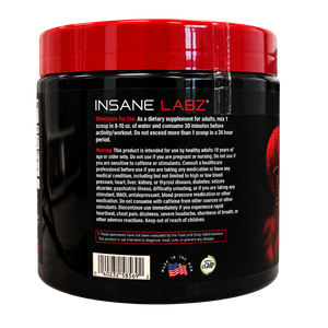 A black plastic tub of Insane Labz dietary supplement with a bright red lid, shown against a plain white background. The label features white and red text with a warning notice and a barcode.