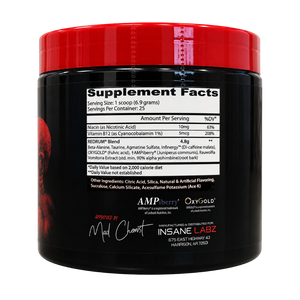 A black plastic tub of INSANE LABZ REEDMURF Blend dietary supplement with a bright red lid, shown against a plain white background.