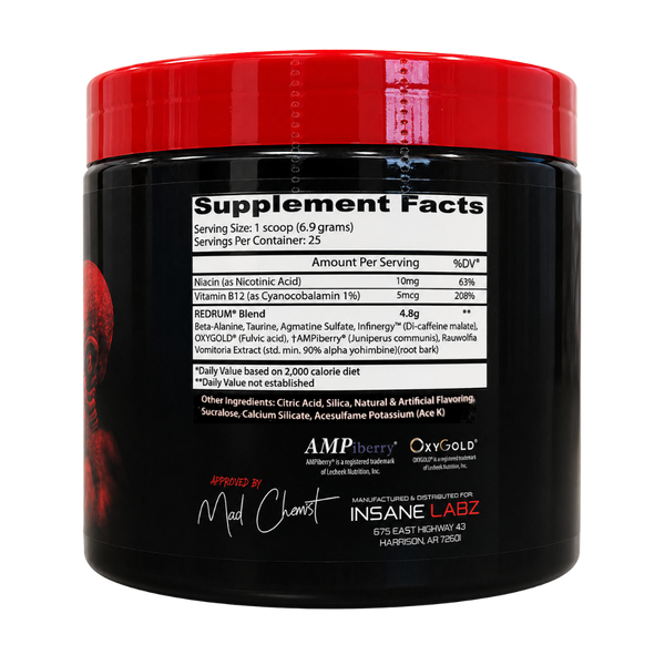A black plastic tub of INSANE LABZ REEDMURF Blend dietary supplement with a bright red lid, shown against a plain white background.