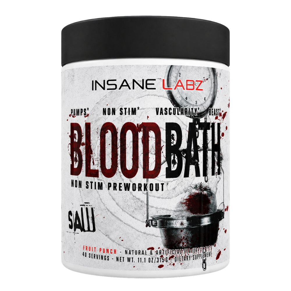 Insane Labz Blood Bath preworkout supplement container in Fruit Punch flavor, featuring a black lid and a white label with red and black text and a blood splatter design.