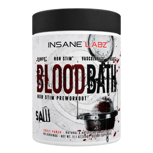 Insane Labz Blood Bath preworkout supplement container in Fruit Punch flavor, featuring a black lid and a white label with red and black text and a blood splatter design.