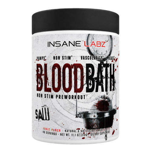 Insane Labz Blood Bath preworkout supplement container in Fruit Punch flavor, featuring a black lid and a white label with red and black text and a blood splatter design.