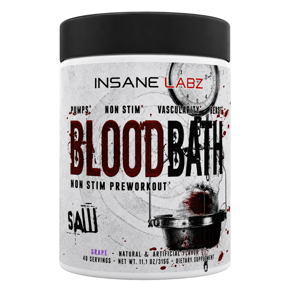 Insane Labz Blood Bath preworkout supplement container in Fruit Punch flavor, featuring a black lid and a white label with red and black text and a blood splatter design.