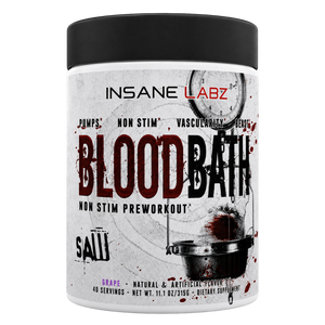 A white plastic tub of Insane Labz Blood Bath preworkout supplement with a black lid, featuring a distressed label with red and black text and blood splatter graphics.