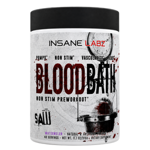 A tub of Insane Labz Blood Bath Non Stim Preworkout in the Saw flavor, featuring a black lid and a white label with red and black text and blood splatter graphics.
