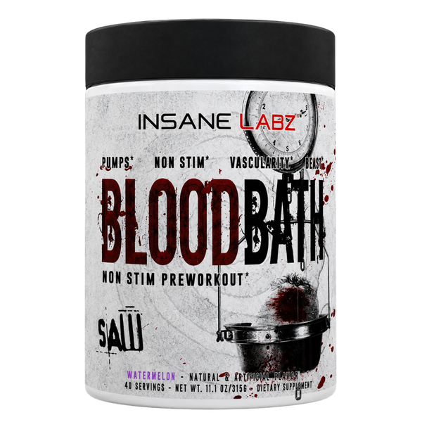 A tub of Insane Labz Blood Bath Non Stim Preworkout in the Saw flavor, featuring a black lid and a white label with red and black text and blood splatter graphics.