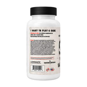 A white plastic bottle of Insane Labz Saw Fat Burner dietary supplement with a black cap, showing the back of the label with directions and warning text.