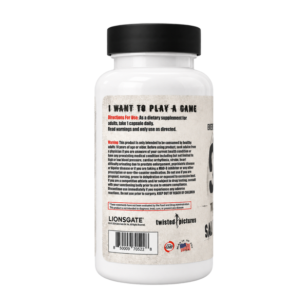 A white plastic bottle of Insane Labz Saw Fat Burner dietary supplement with a black cap, showing the back of the label with directions and warning text.