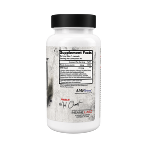 A white plastic bottle of AMPberry Insane Labs 'Mad Scientist' dietary supplement with a black cap, shown on a solid white background.