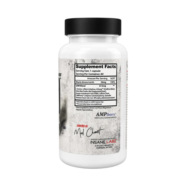 A white plastic bottle of AMPberry Insane Labs 'Mad Scientist' dietary supplement with a black cap, shown on a solid white background.