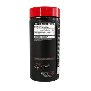 A black supplement bottle for Insane Labz Tribulus with a bright red cap, featuring the 'INSANE LABZ' brand on the label and supplement facts, set against a plain white background.