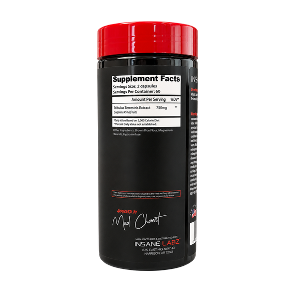 A black supplement bottle for Insane Labz Tribulus with a bright red cap, featuring the 'INSANE LABZ' brand on the label and supplement facts, set against a plain white background.