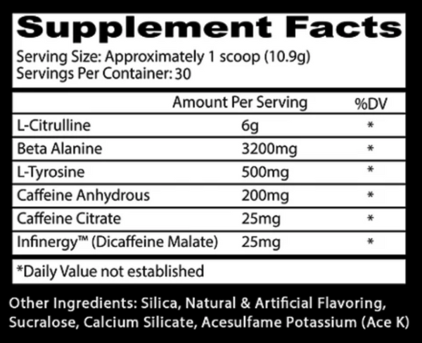Insane Labz Unicorn Pre-Workout 30 Servings supplement facts on a black background
